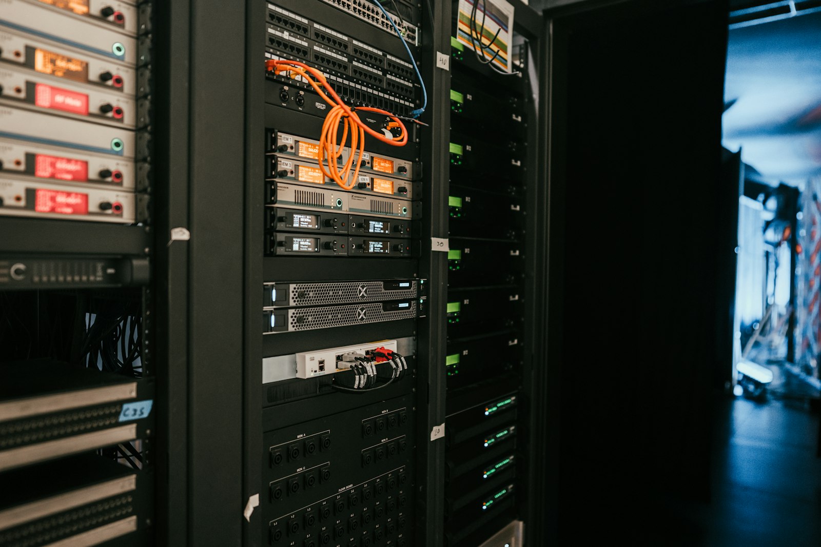 Rack of servers in a data center server room
